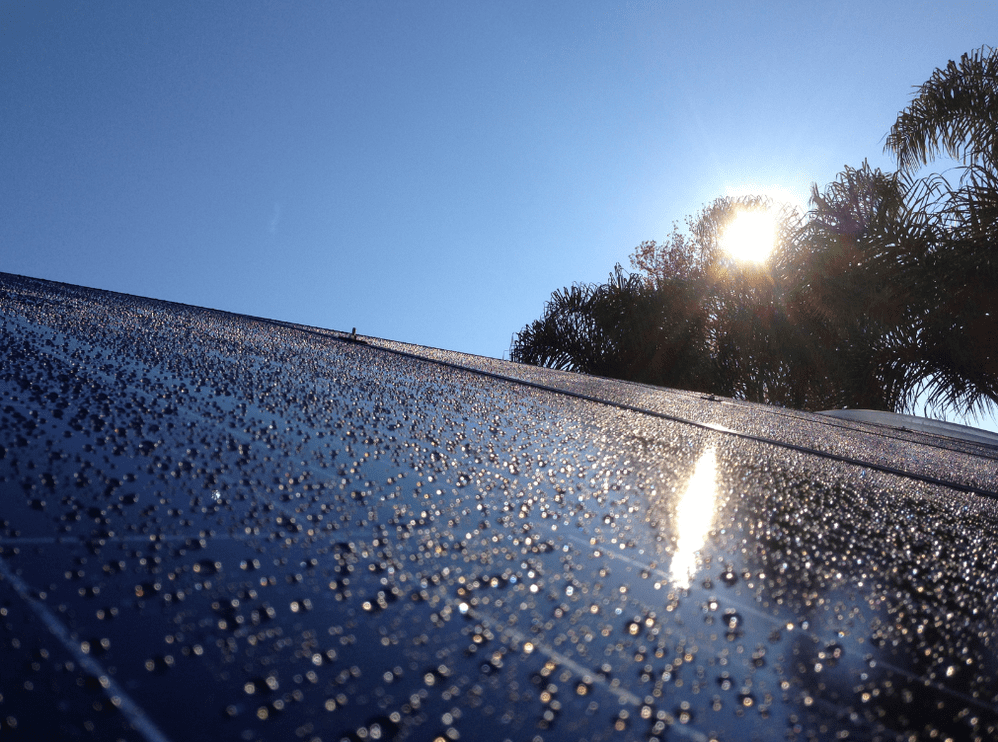 Image of water beads sitting on a solar panel.